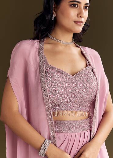 Pink Mirror Sequin Embroidered Croptop Skirt With Cape