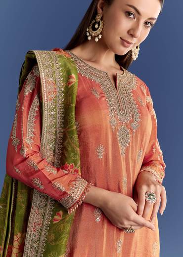 Orange Tissue Kurta Set With Zari Palazzo And Floral Dupatta