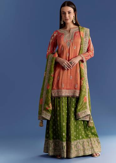 Orange Tissue Kurta Set With Zari Palazzo And Floral Dupatta