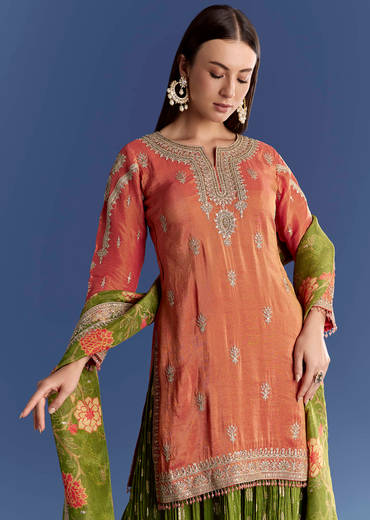 Orange Tissue Kurta Set With Zari Palazzo And Floral Dupatta