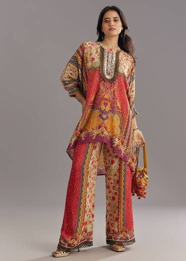 Printed Kaftan Set With Stone and Lace Work with Pant and Potli Bag
