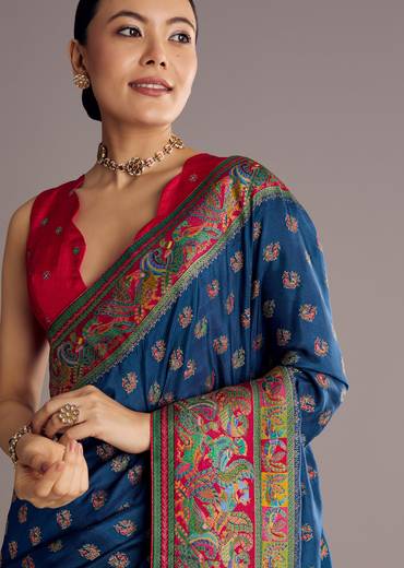 Blue Multicolor Dola Silk Saree With Thread And Butti Motifs