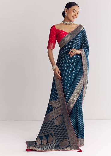 Peacock Blue Dola Silk Saree With Butti Work