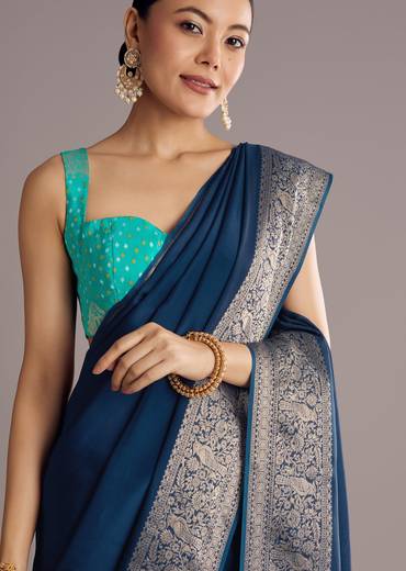 Peacock Blue Dola Silk Saree With Woven Border And Pallu