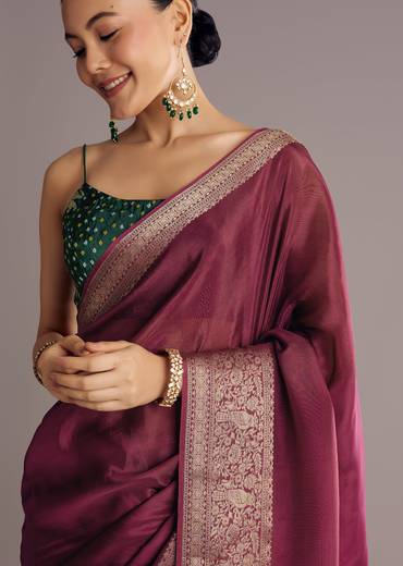 Wine Dola Silk Saree With Woven Border And Pallu