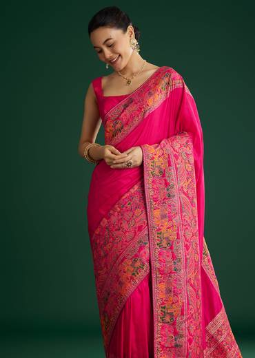 Rani Pink Dola Silk Woven Saree With Floral And Animal Prints