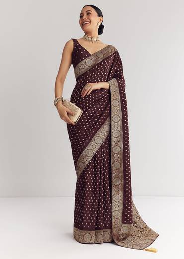 Dark Brown Dola Silk Saree With Floral And Butti Work