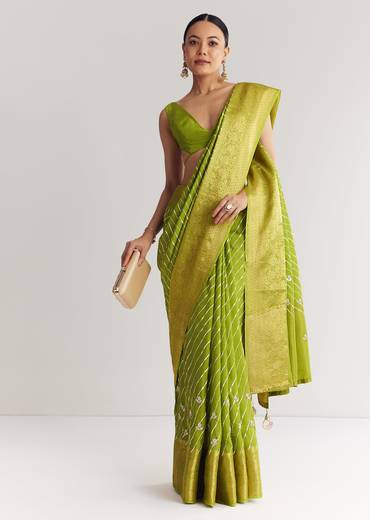 Pista Green Saree With Lehariya Print And Floral Gotapatti And Moti Work.