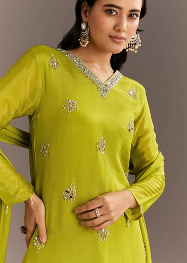 Green Chinon Asymmetrical Cut Kurta Sharara With Dupatta