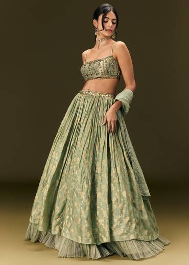 Mint Green Crepe Lehenga Choli Set With Coin Work