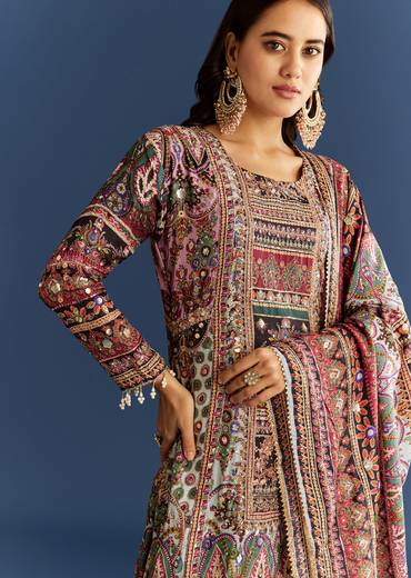 Multicolor Tabby Silk Printed Kurta Dupatta Suit With Patch Stone Zari Work