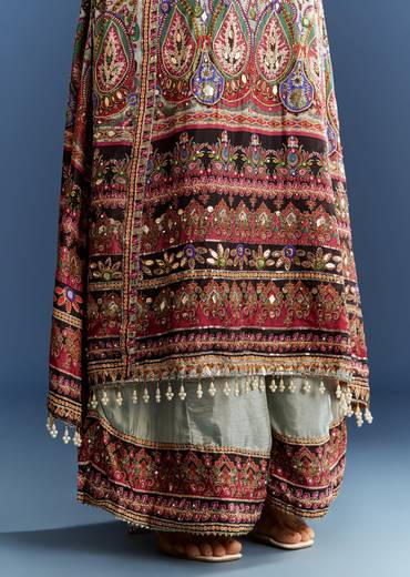 Multicolor Tabby Silk Printed Kurta Dupatta Suit With Patch Stone Zari Work