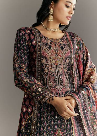 Black Tabby Silk Zari Embroidered Kurta Palazzo With Printed Dupatta