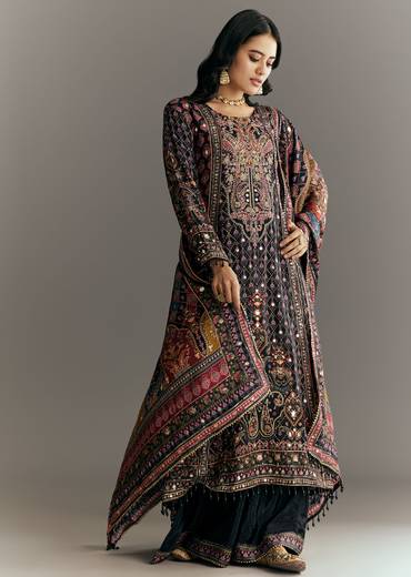 Black Tabby Silk Zari Embroidered Kurta Palazzo With Printed Dupatta