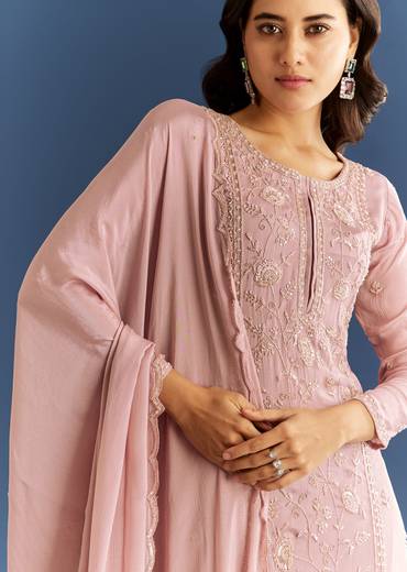 Dusty Rose Pink Chinon Kurta Set With Cutdana Embroidered Sharara