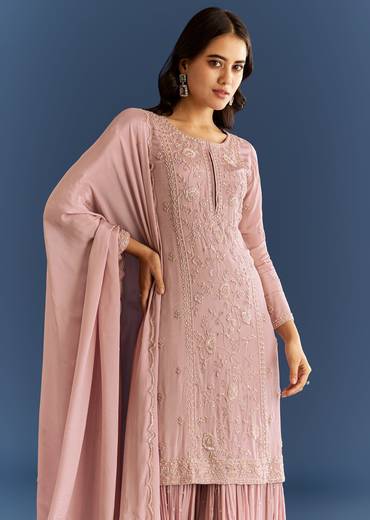 Dusty Rose Pink Chinon Kurta Set With Cutdana Embroidered Sharara