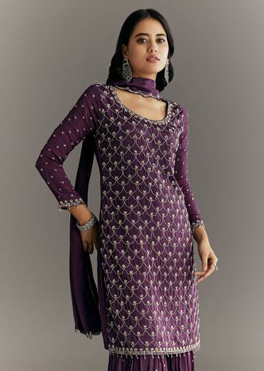 Dark Purple Chinon Sequin Work Kurta Sharara With Dupatta