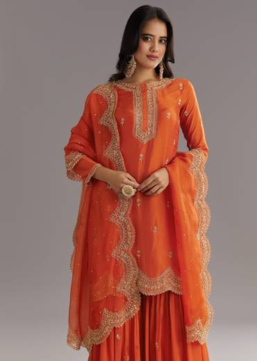 Orange Silk Sharara Set With Cut Dana and Sequins Work and Organza Dupatta