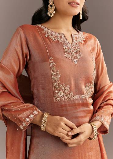 Dark Peach Organza Tissue Kurta Pant With Embroidered Dupatta