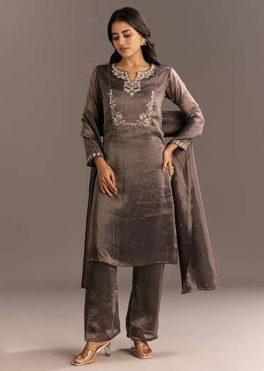 Dark Purple Organza Tissue Embroidered Kurta Pant With Embroidered Dupatta