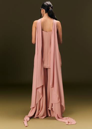 Dusty Pink Chinon Embroidered Kurti With Flared Pant And Choker Dupatta