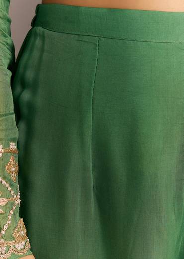 Green Chinon Kurta With Zardosi Moti Work On Neckline And Sleeves