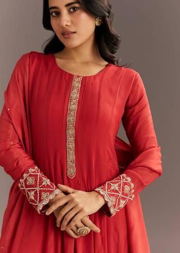 Orange Chinon Zardosi Moti Work Anarkali Dupatta Set