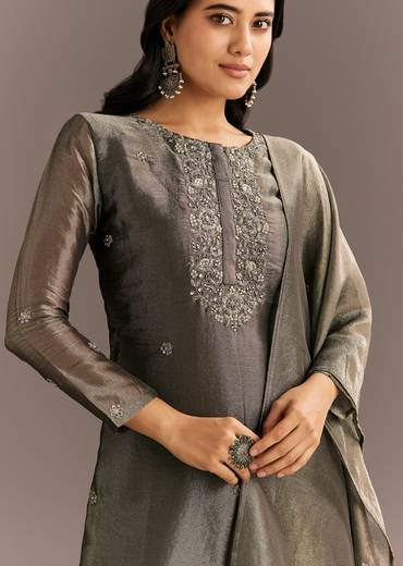 Dark Grey Tissue Kurta Pant Set With Butti Dupatta