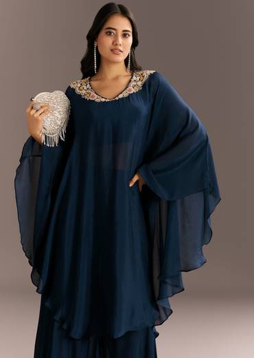 Navy Blue Chinon Cape Style Kurta With Zardosi Neckline