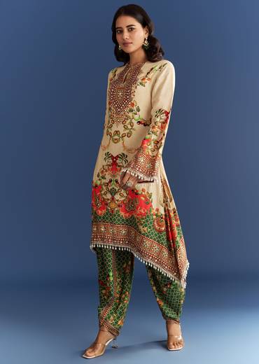 Cream Cotton Muslin Printed Asymmetrical Kurta Dhoti