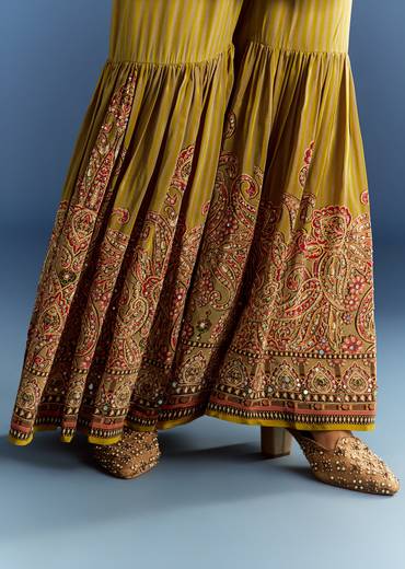 Mehendi Green Crepe Printed Kurta With Printed Sharara And Chinon Dupatta