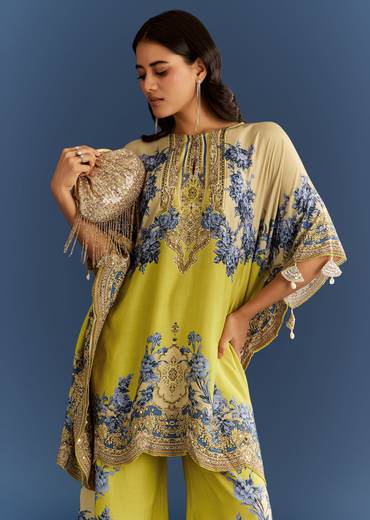 Light Lime Green Cotton Muslin Kaftaan With Floral Print Palazzo