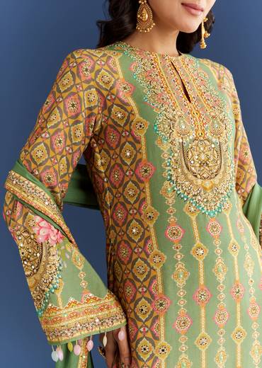 Light Aqua Green Cotton Muslin Kurta Dupatta With Printed Palazzo