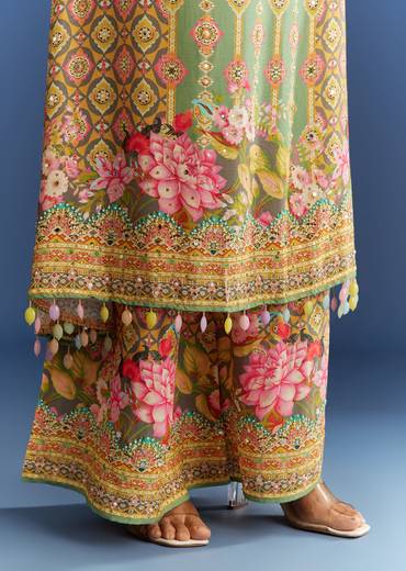 Light Aqua Green Cotton Muslin Kurta Dupatta With Printed Palazzo