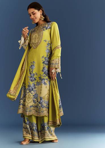 Light Lime Green Cotton Muslin Kurta Palazzo Suit With Chinon Dupatta