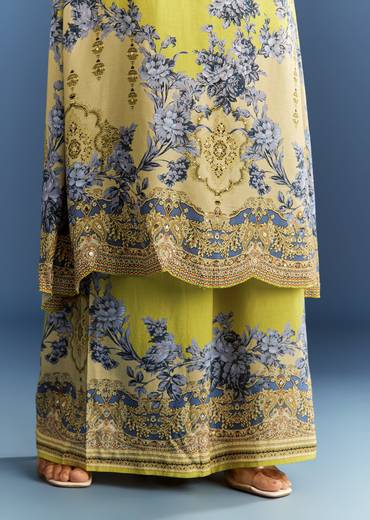 Light Lime Green Cotton Muslin Kurta Palazzo Suit With Chinon Dupatta