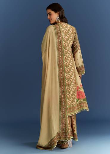Beige Crush Tissue Floral Printed Kurta With Printed Palazzo