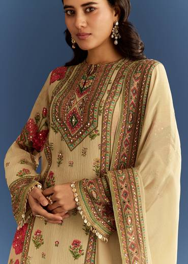 Beige Crush Tissue Floral Printed Kurta Palazzo With Dupatta