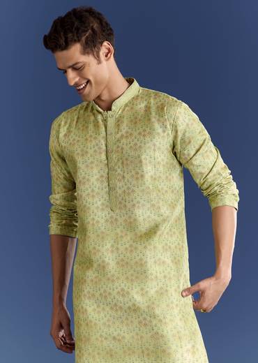 Pista Green Silk Kurta Set With Printed Symmetry