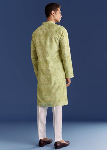 Pista Green Silk Kurta Set With Printed Symmetry