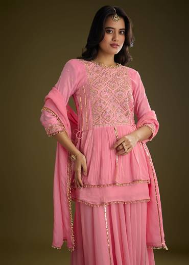 Pink Georgette Gotta Lace Kurta Set With Cut Dana and Sequins Detailing