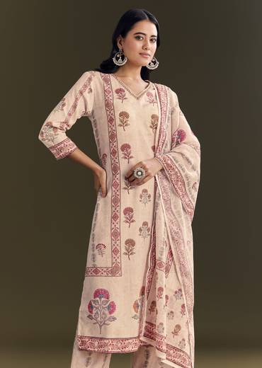 Beige Cotton Block Print Kurta Set With Printed Dupatta