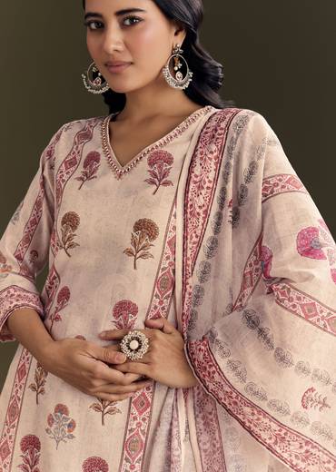 Beige Cotton Block Print Kurta Set With Printed Dupatta