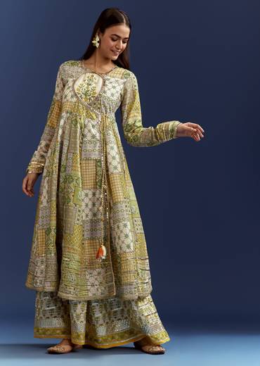 Green Floral Sleeveless Kurti With Gotta Lace And Angrakha Jacket