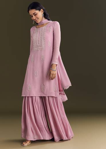 Light Onion Pink Chinon Kurta Sharara With Embellished Dupatta