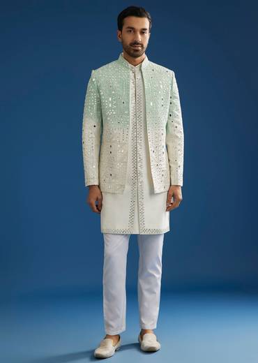 Ombre Green Silk Indo Western Jacket Set With Mirror And Thread Work