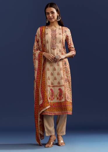 Beige Floral Printed Kurta And Dupatta With Cut Dana And Zardosi Work