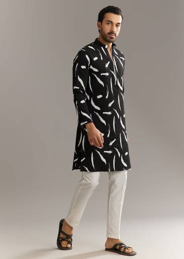 Black Silk Kurta Set With Abstract Prints