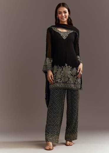 Black Beads Work Kurta Dupatta Set With Fully Beaded Pant