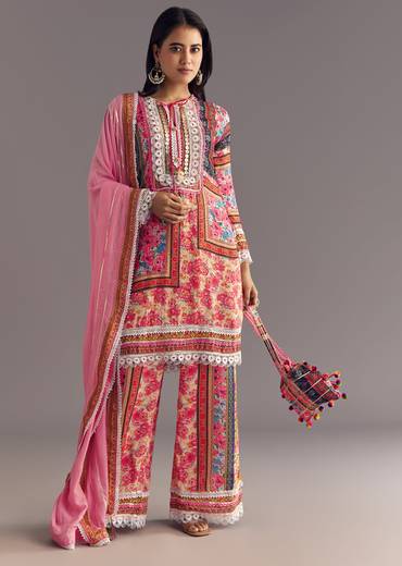 Pink Tabby Silk Floral Print Kurta Palazzo Set With Potli Bag